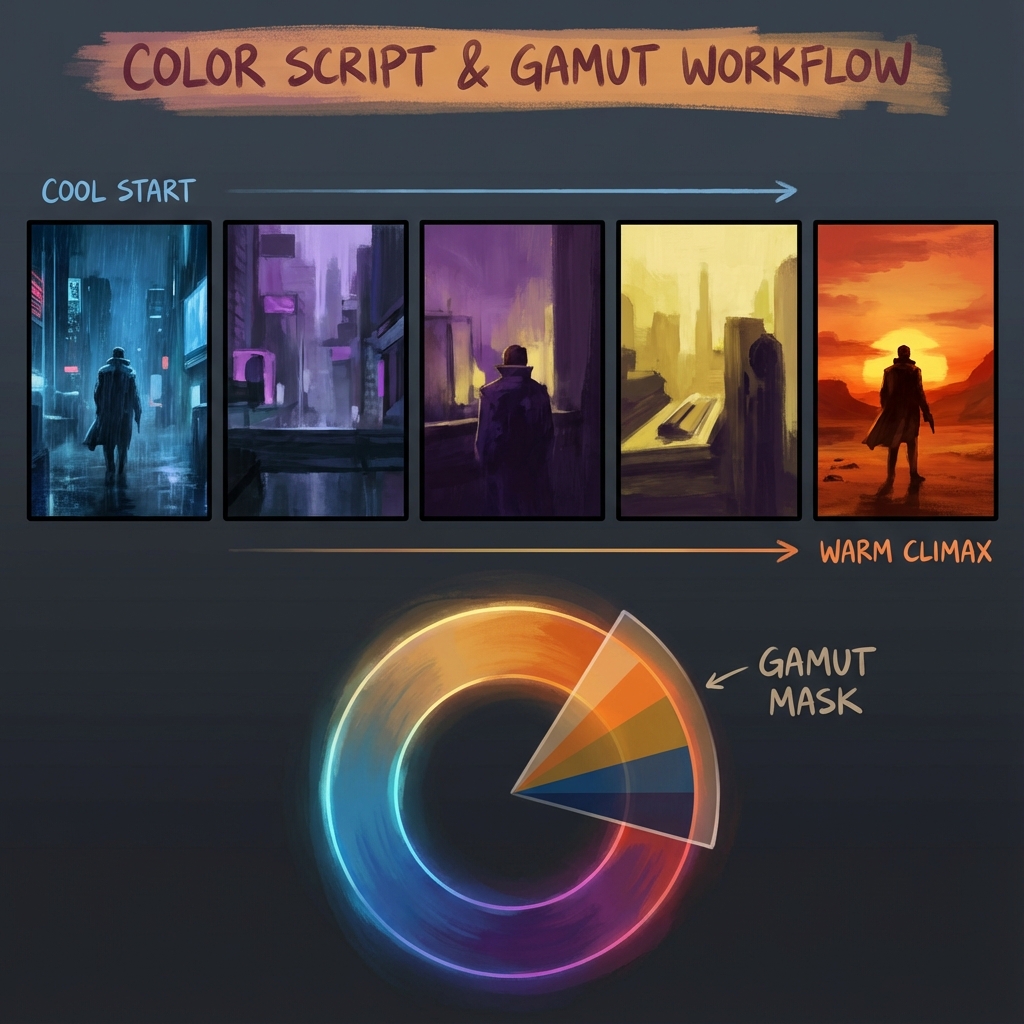 Color Scripting for Concept Art: Gamut Masks, Palette Control, and Emotional Storytelling